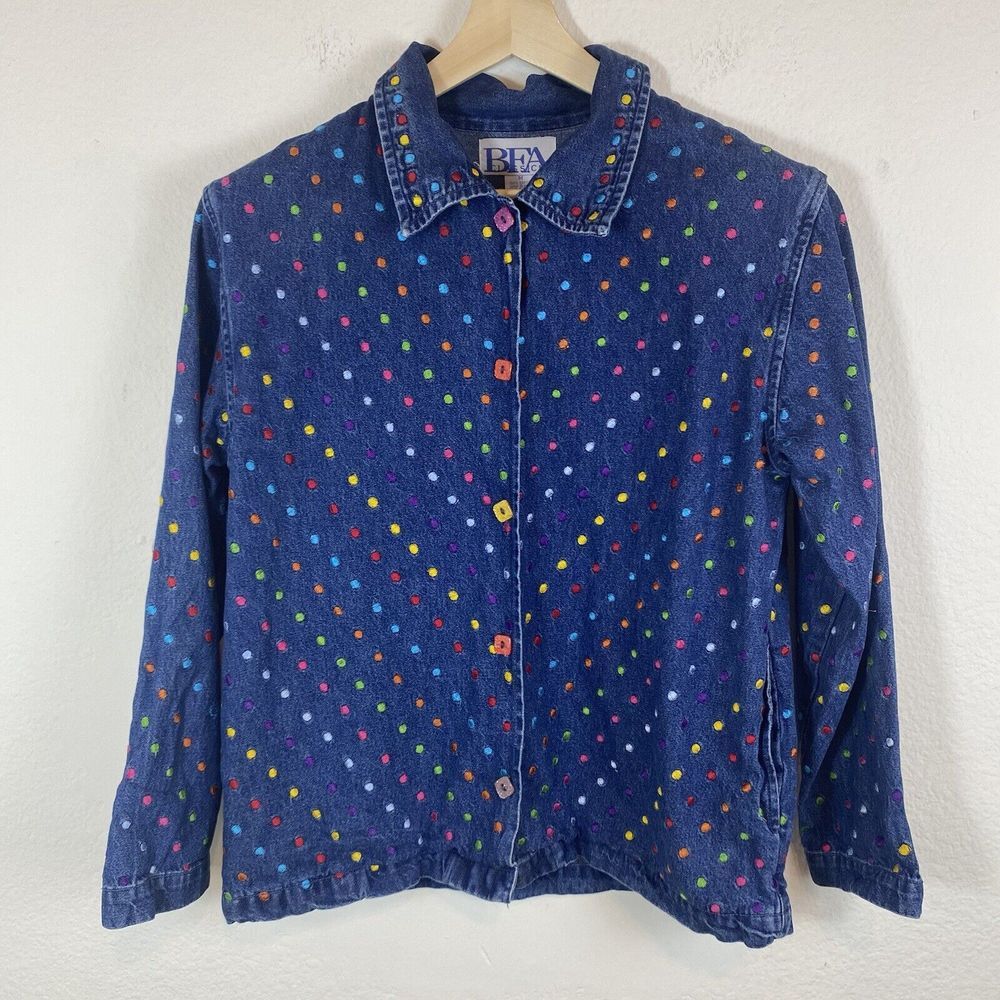 Vintage BFA Classics‎ Embroidered Polka Dot Denim Jacket Med 90s Colorful Cotton
